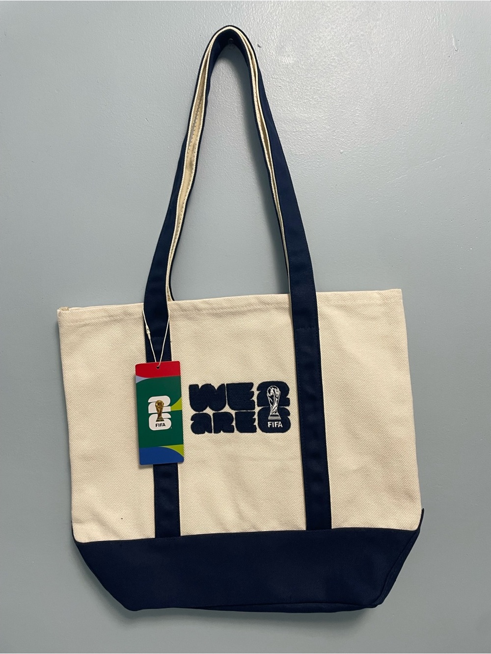 Cream and Navy Canvas Tote Bag with 'We Are' FIFA Graphic
